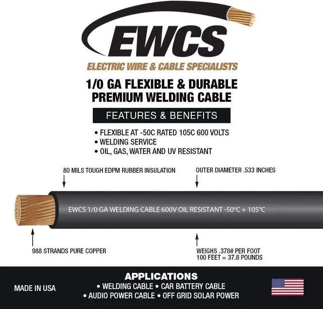 Alt view image 3 of 5 - 1/0 Gauge Premium Extra Flexible Welding Cable 600 Volt - Black 20 Feet - Made in The USA