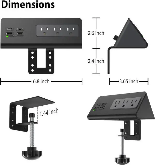 Alt view image 6 of 7 - Nightstand Edge Mount Power Strip with USB-C Ports Tabletop Surge Protector Desk Clamp Power Sockets with 3 AC Outlets &4 Fast Charging USB Ports for Home Office Hotel and Dormitory (Black(2-Pack))