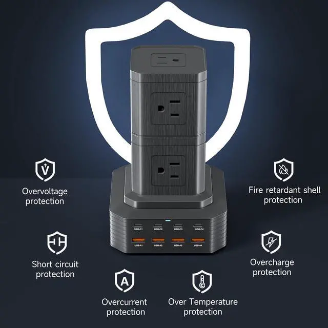 Alt view image 3 of 7 - Charging Station (100W), 17-in-1 USB C Power Strip with Surge Protection, 6.6Ft Extension Cord, 4 USB C and 4 USB A Ports, 9 AC Outlets for Home Office Dorm Room