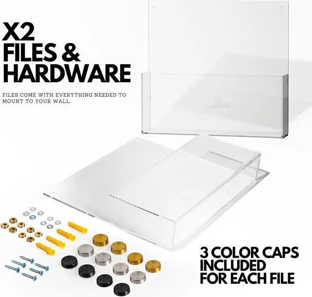 Alt view image 3 of 7 - Premium Clear Acrylic Wall File Organizer 2-Pack | Mail Holder Wall Mount | Office Document Sorter with 3 Screw Cap Colors