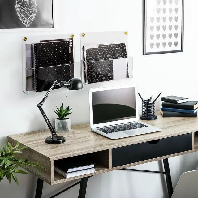 Alt view image 6 of 7 - Premium Clear Acrylic Wall File Organizer 2-Pack | Mail Holder Wall Mount | Office Document Sorter with 3 Screw Cap Colors