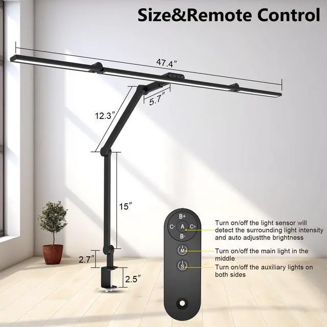Alt view image 5 of 6 - 3000 Lumen Ultra Bright Architect Desk Lamp with Clamp, 36W Tall Overhead Led Desk Light for Home Office, 47Inch Long Dimmable Computer Monitor Light Bar with Remote for Table Desktop Drafting