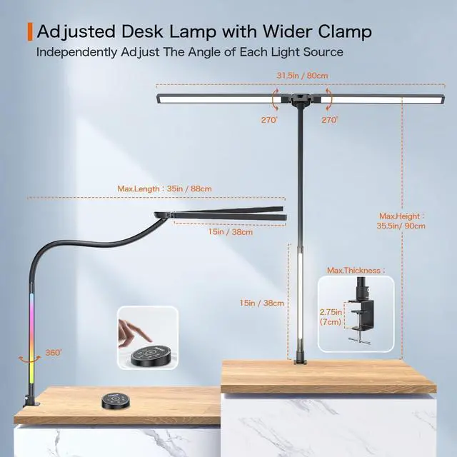 Alt view image 6 of 7 - LED Desk Lamp with Clamp,Architect Desk Lamp for Home Office,24W Ultra Bright with RGB Atmosphere Lighting,Remote Control,5 Color Modes & 5 Dimmable Eye Protection for Monitor Studio Reading