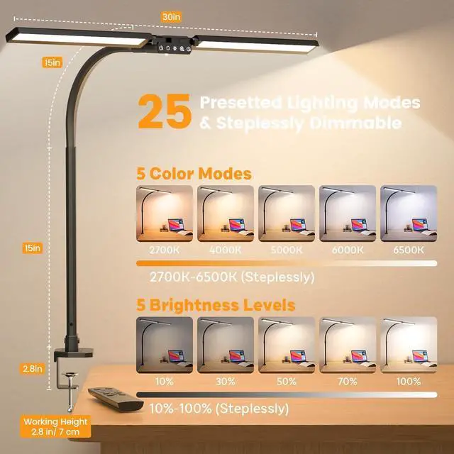 Alt view image 3 of 7 - Upgraded LED Desk Lamp for Home Office with RGB, Rotatable Computer Desk Light with Remote, Eye Caring Table Lamp with Clamp for Study, Dimmable Dual Head Desk Lighting for Monitor PC, 22W