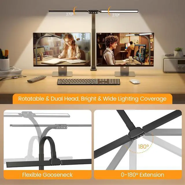 Alt view image 2 of 7 - Upgraded LED Desk Lamp for Home Office with RGB, Rotatable Computer Desk Light with Remote, Eye Caring Table Lamp with Clamp for Study, Dimmable Dual Head Desk Lighting for Monitor PC, 22W