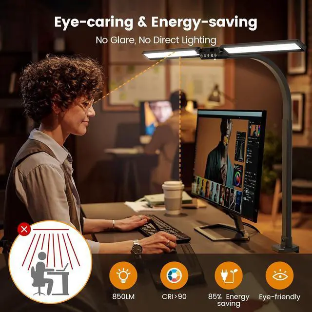Alt view image 6 of 7 - Upgraded LED Desk Lamp for Home Office with RGB, Rotatable Computer Desk Light with Remote, Eye Caring Table Lamp with Clamp for Study, Dimmable Dual Head Desk Lighting for Monitor PC, 22W