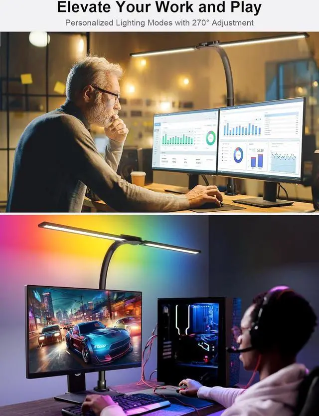 Alt view image 3 of 6 - Double Swing Arm LED Lamp24W Ultra Bright Auto Dimming with RGB Atmosphere Lighting, Multi-Angle Adjustment, Touch Control LED Lamp