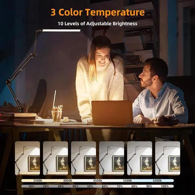 Alt view image 3 of 6 - LED Desk Lamp with Clamp,2-in-1 Clamp on Desk Lamp with Base,50.7" Adjustable Swing Arm Architect Desk Lamp,Memory Function Desk Lights for Home Office,Workbench,Reading,Craft,Drafting