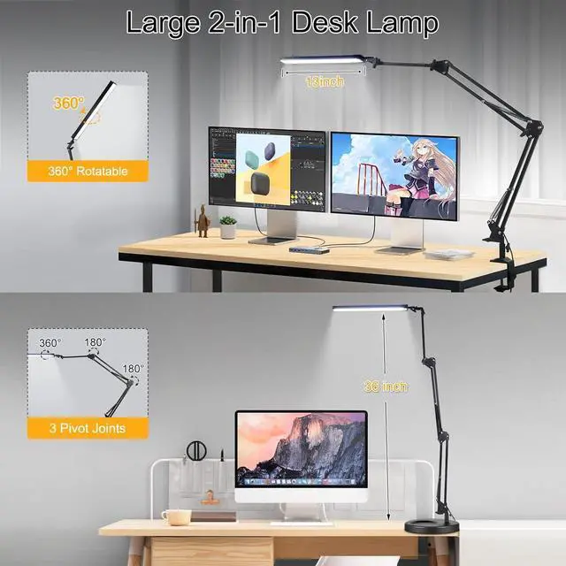 Alt view image 2 of 6 - LED Desk Lamp with Clamp,2-in-1 Clamp on Desk Lamp with Base,50.7" Adjustable Swing Arm Architect Desk Lamp,Memory Function Desk Lights for Home Office,Workbench,Reading,Craft,Drafting