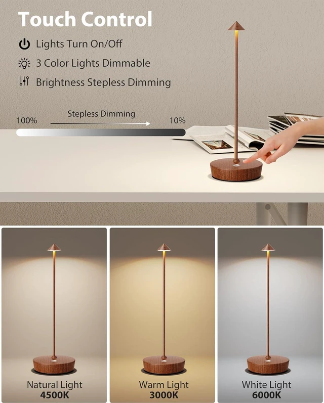 YHT Cordless Rechargeable Table Lamp - 6000mAh Battery, IP54 Waterproof, 3-Color Dimmable LED Light For Indoor/Outdoor