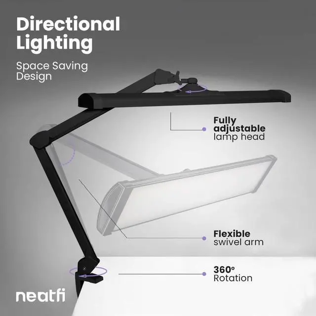 Alt view image 6 of 7 - LED Desk Lamp, 3,500 Lumens, 3 Light Modes, Dimmable, 45W, Touch Control, 26 Inch Wide Metal Shade, 540 SMD LEDs, Directional Lighting, Eye Caring Task Lamp (CCT with Clamp, Black)