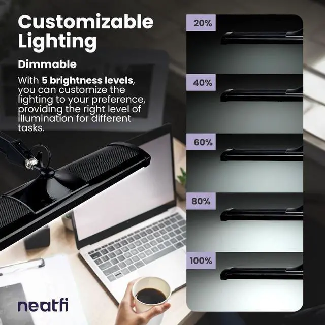 Alt view image 7 of 7 - LED Desk Lamp, 3,500 Lumens, 3 Light Modes, Dimmable, 45W, Touch Control, 26 Inch Wide Metal Shade, 540 SMD LEDs, Directional Lighting, Eye Caring Task Lamp (CCT with Clamp, Black)