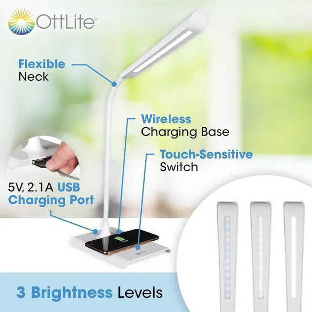 Alt view image 2 of 6 - Power-Up LED Desk Lamp with Wireless Qi Charging & USB Charging Port, with ClearSun LED Technology - Flexible Neck, 3 Brightness Settings, Reduces Eyestrain - Task Lamp for Office & Dorms