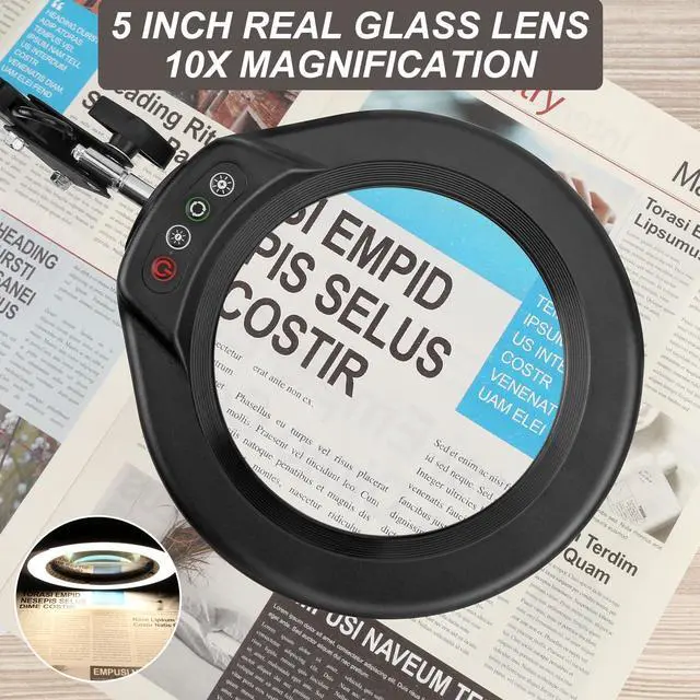 Alt view image 3 of 7 - VEEMAGNI 5 Inch Large Magnifying Glass with Light and Stand, 5 Color Modes Stepless Dimmable, Long Swivel Arm LED Clamp Desk Lamp, Hands Free 10X Lighted Magnifier for Close Work Craft Hobby Soldering