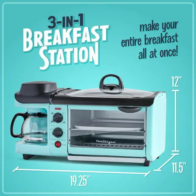Alt view image 2 of 7 - 3-in-1 Breakfast Station - Includes Coffee Maker, Non-Stick Griddle, and 4-Slice Toaster Oven - Versatile Breakfast Maker with Timer - Aqua