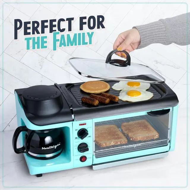 Alt view image 7 of 7 - 3-in-1 Breakfast Station - Includes Coffee Maker, Non-Stick Griddle, and 4-Slice Toaster Oven - Versatile Breakfast Maker with Timer - Aqua