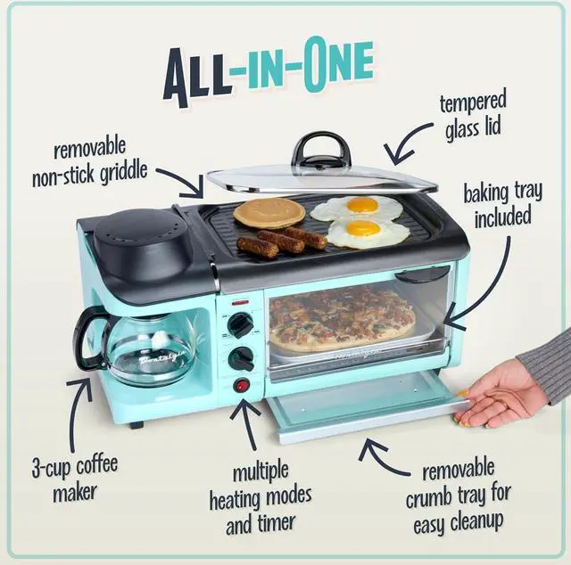Alt view image 4 of 7 - 3-in-1 Breakfast Station - Includes Coffee Maker, Non-Stick Griddle, and 4-Slice Toaster Oven - Versatile Breakfast Maker with Timer - Aqua