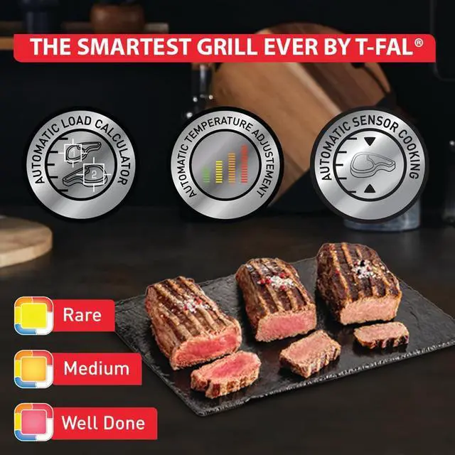 Alt view image 2 of 6 - T-Fal OptiGrill Stainless Steel Electric Grill 4 Servings 6 Automatic Cooking Modes, Intelligent grilling rare to well-done 1800 Watts Nonstick Removable Plates, Dishwasher Safe, Indoor, Silver