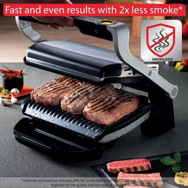 Alt view image 6 of 6 - T-Fal OptiGrill Stainless Steel Electric Grill 4 Servings 6 Automatic Cooking Modes, Intelligent grilling rare to well-done 1800 Watts Nonstick Removable Plates, Dishwasher Safe, Indoor, Silver