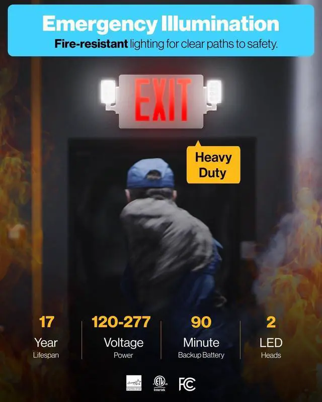 Alt view image 2 of 7 - Sunco 2 Pack Red Exit Signs with LED Emergency Lights & Backup Battery | 120-277V Wall/Ceiling Mount, Two Adjustable LED Lights, Commercial Safety Lighting, 90 Minute Battery, 94V-0 Fire Resistant