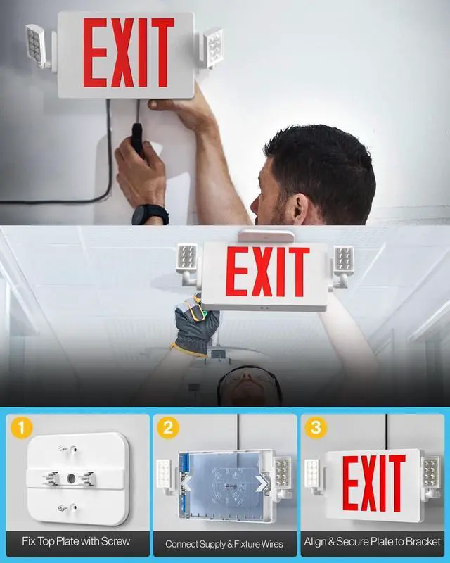 Alt view image 6 of 7 - Sunco 2 Pack Red Exit Signs with LED Emergency Lights & Backup Battery | 120-277V Wall/Ceiling Mount, Two Adjustable LED Lights, Commercial Safety Lighting, 90 Minute Battery, 94V-0 Fire Resistant