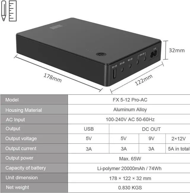 Alt view image 3 of 7 - Shanqiu Mini UPS Battery Backup Uninterruptible Power Supply for Router, Modem, Security Camera with Input AC Output USB 5V DC 5V 9V 12V (74Wh)