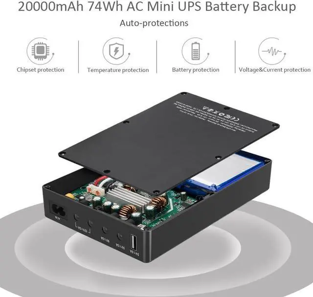 Alt view image 4 of 7 - Shanqiu Mini UPS Battery Backup Uninterruptible Power Supply for Router, Modem, Security Camera with Input AC Output USB 5V DC 5V 9V 12V (74Wh)