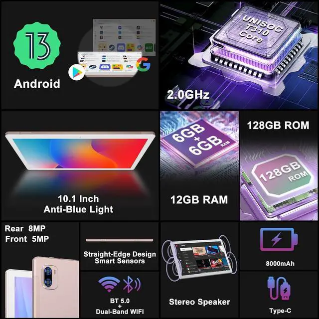 Alt view image 2 of 7 - 2024 Newest Tablet 10 Inch Android 13 12GB RAM + 128GB ROM Octa-Core (1TB TF) | WiFi 5G | FHD | BT5.0 | GPS | GMS Certified | 8000mAh Battery | 8+5MP | Metal Body with Case Keyboard and Mouse Gold