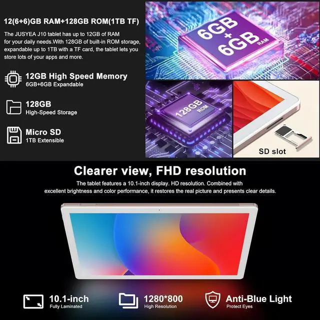 Alt view image 3 of 7 - 2024 Newest Tablet 10 Inch Android 13 12GB RAM + 128GB ROM Octa-Core (1TB TF) | WiFi 5G | FHD | BT5.0 | GPS | GMS Certified | 8000mAh Battery | 8+5MP | Metal Body with Case Keyboard and Mouse Gold