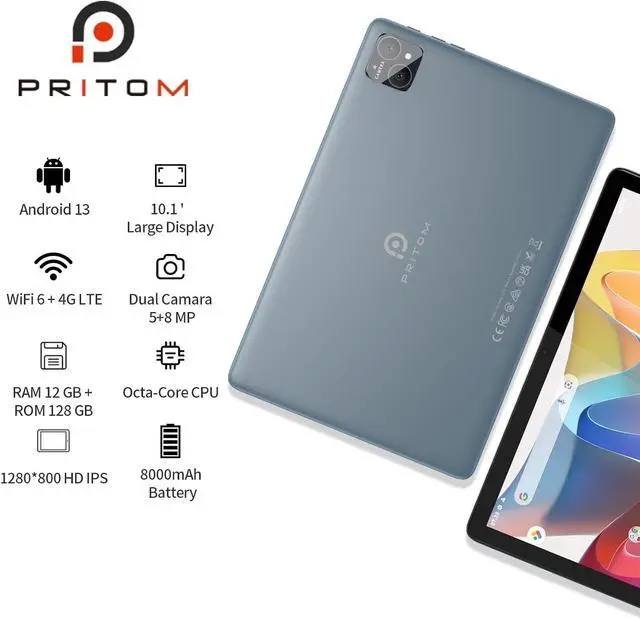 Alt view image 2 of 7 - TAB12 10 Inch Phone Tablet Android 13 5Ghz WiFi 12GB RAM(6GB Expend) 128GB ROM 4G Network Tablet with Octa-Core Processor 8000mAh HD IPS BT FM Double Box Speakers Gray