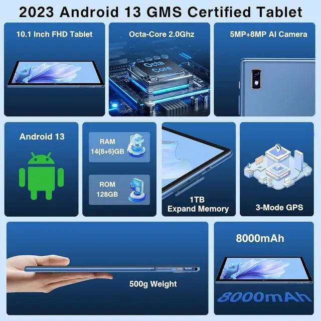 Alt view image 2 of 7 - Tablet Android 13 Tablets 10 Inch 14GB RAM 128GB ROM 1TB Expand with Keyboard Mouse Case 8000mAh Battery Octa-Core GPS 5G/2.4G Wi-Fi Bluetooth 5.0 IPS HD Display (Gray)