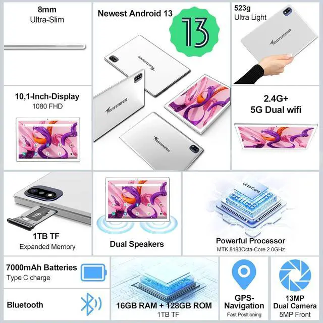 Alt view image 2 of 7 - 2024 Newest Android 13 Tablets 10 Inch 5G Wifi Tablet Mit 16GB RAM+128GB ROM(1TB TF)2 In 1 Tablet with keyboard Mouse Pen-Octa-Core2.0Ghz | 7000mAh | 1080FHD | 13MP Camera | WLAN GPS OTG Typ-c-Black