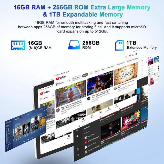 Alt view image 4 of 7 - 2024 Tablet 11 Inch Android 13 Screen 2K Tablet Octa-Core 2.0 GHz16GB RAM+256GB ROM+TF 1TB /2000 * 1200 Pixel/8MP+20MP+2MP Macro/10000 mAh/5G WiFi Metal Cover with Mouse Keyboard Silver