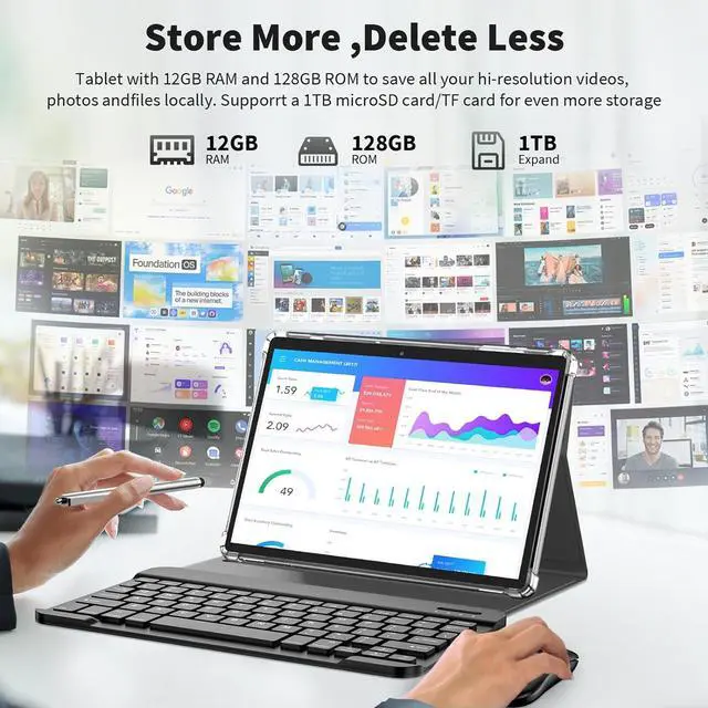 Alt view image 3 of 7 - Android Tablet with Keyboard, Android 14 Tablet, 12(6+6) GB+128GB, 1TB Expand, 2 in 1, Mouse, Stylus, 8000mAh Battery, 2.4G/5G WiFi, GPS, Silver Case