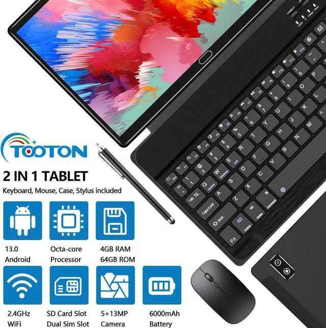 Alt view image 2 of 7 - 2024 Newest Tablet 10 Inch Android 13 Tablets, 2 in 1 Tablet with 4+64/512GB Storage Octa-Core, Dual Sim Card Support 4G Cellular Tablet with Keyboard,13MP Camera, 6000mAh Battery, GPS, WiFi