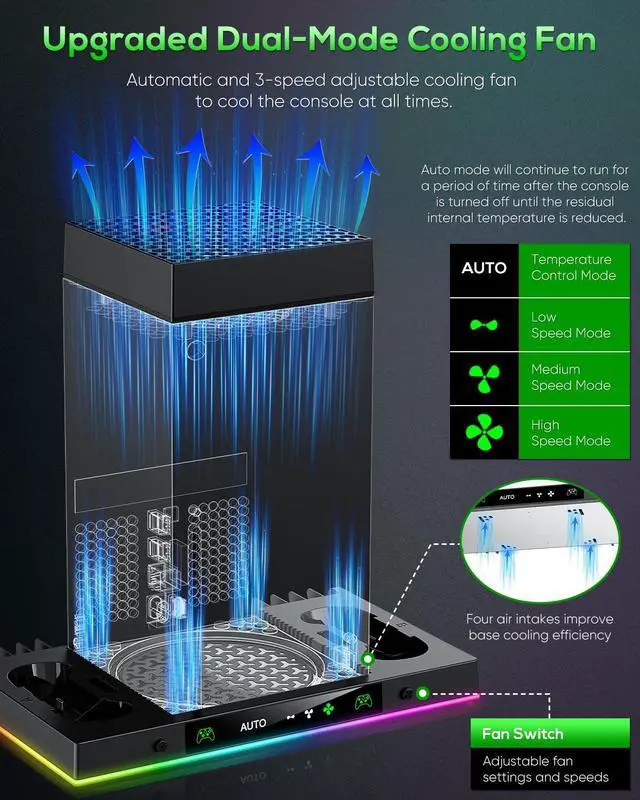 Alt view image 2 of 7 - Auto Cooling Fan and Charge Stand Accessories for Xbox Series X Console with 15 Light Modes, Wireless Dual Charger Dock for XSX Controller, 2* Rechargeable Batteries, Headset Stand & Game Disc Storage