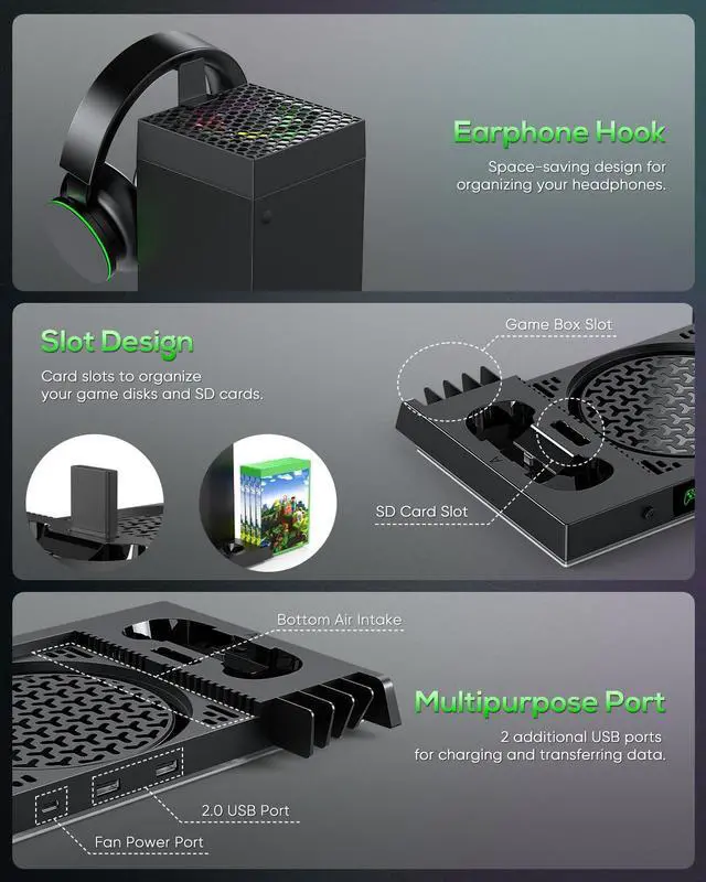 Alt view image 4 of 7 - Auto Cooling Fan and Charge Stand Accessories for Xbox Series X Console with 15 Light Modes, Wireless Dual Charger Dock for XSX Controller, 2* Rechargeable Batteries, Headset Stand & Game Disc Storage