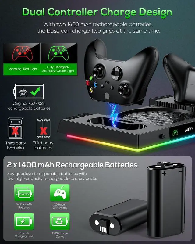 Alt view image 5 of 7 - Auto Cooling Fan and Charge Stand Accessories for Xbox Series X Console with 15 Light Modes, Wireless Dual Charger Dock for XSX Controller, 2* Rechargeable Batteries, Headset Stand & Game Disc Storage