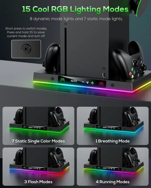 Alt view image 6 of 7 - Auto Cooling Fan and Charge Stand Accessories for Xbox Series X Console with 15 Light Modes, Wireless Dual Charger Dock for XSX Controller, 2* Rechargeable Batteries, Headset Stand & Game Disc Storage