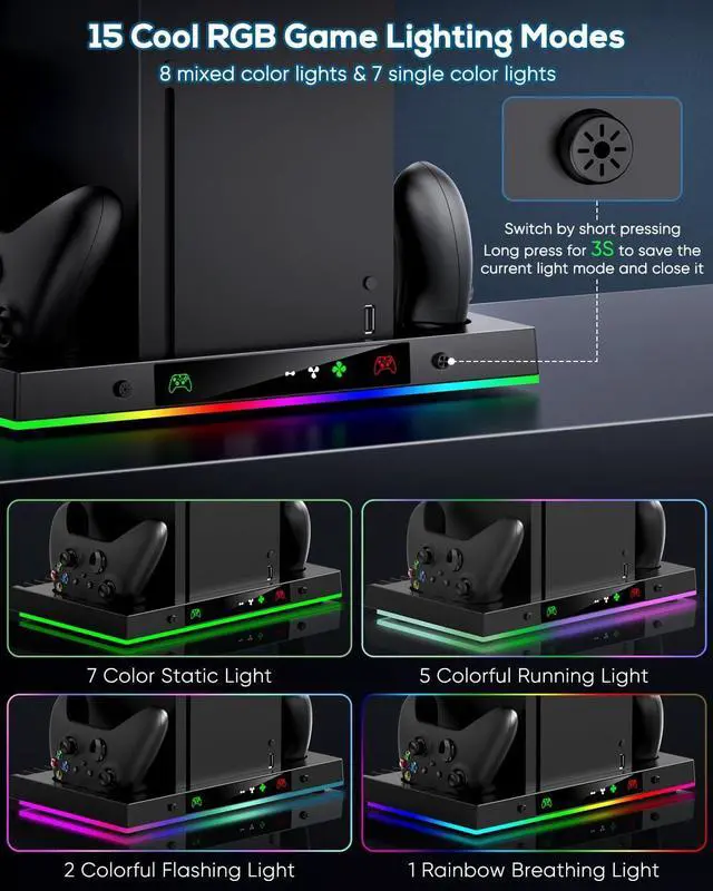 Alt view image 3 of 7 - Upgrade Cooling Fan&Dual Charging Stand for Xbox Series X Console&Controller,Cooler Charger Station System for XSX with 15 RGB Light, 2x1400mAh Rechargeable Battery,Disc Accessories Storage (Black)