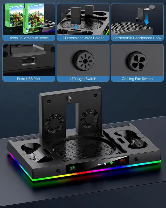 Alt view image 6 of 7 - Upgrade Cooling Fan&Dual Charging Stand for Xbox Series X Console&Controller,Cooler Charger Station System for XSX with 15 RGB Light, 2x1400mAh Rechargeable Battery,Disc Accessories Storage (Black)