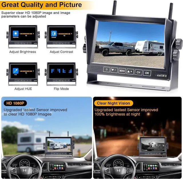 Alt view image 4 of 7 - Wireless Backup Camera for Furrion RV: 7-Inch Recording Plug-Play Easy Setup Truck Trailer Back Rear View Camera Touch Button Monitor Split Screen 4 Channels AMTIFO A7