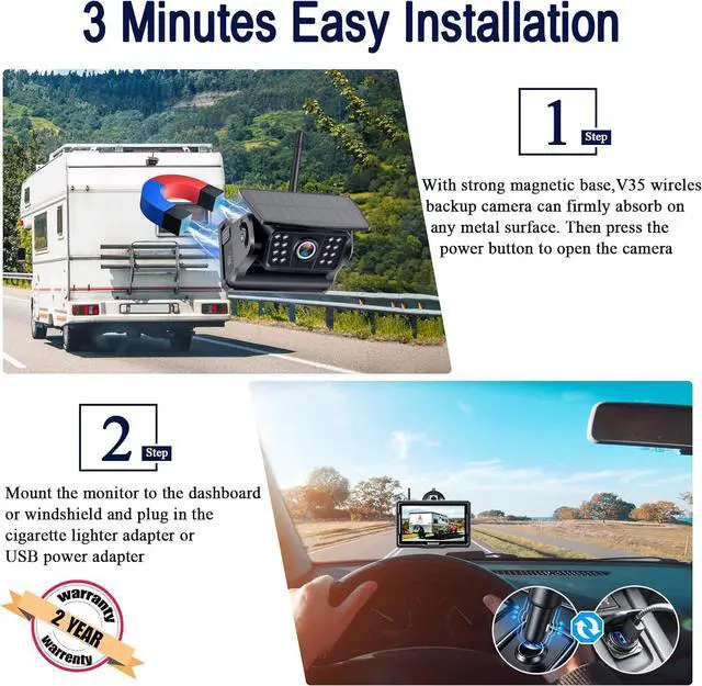 Alt view image 2 of 7 - Wireless Backup Camera Solar Magnetic: Portable Cordless Scratch-Proof Truck Trailer Hitch Rear View Camera HD 1080P No Wiring No Drilling Rechargeable 5'' Monitor Kit for Car RV Camper - R50