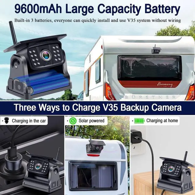 Alt view image 3 of 7 - Wireless Backup Camera Solar Magnetic: Portable Cordless Scratch-Proof Truck Trailer Hitch Rear View Camera HD 1080P No Wiring No Drilling Rechargeable 5'' Monitor Kit for Car RV Camper - R50