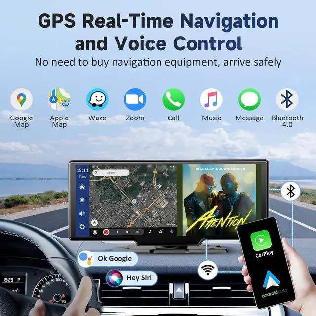 Alt view image 3 of 6 - Wireless Portable  Carplay Screen for Car - 10.26 Inch Carplay & Android Auto Car Touch Screen, with 4K Dash Cam, Backup Camera, Bluetooth, GPS Navigation, Navigation for All Vehicles