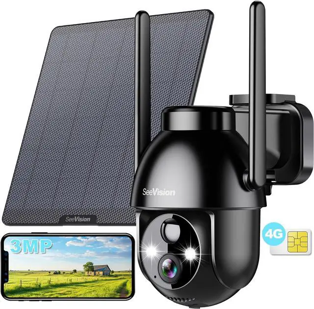 Alt view image 2 of 6 - 4G LTE Cellular Solar Security Cameras Wireless Outdoor, Solar Powered 3MP Camera 2K Security Camera for No WiFi, PIR Motion Detection,Siren,Color Night Vision, SD/Cloud Storage (SIM Card Included)
