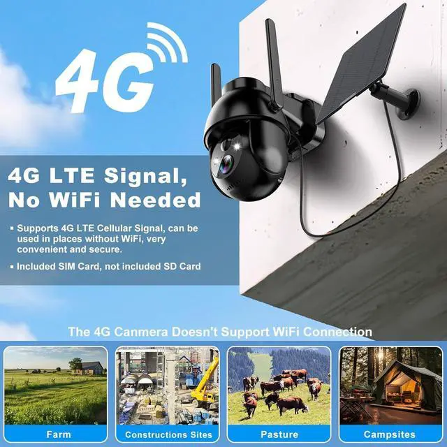 Alt view image 3 of 6 - 4G LTE Cellular Solar Security Cameras Wireless Outdoor, Solar Powered 3MP Camera 2K Security Camera for No WiFi, PIR Motion Detection,Siren,Color Night Vision, SD/Cloud Storage (SIM Card Included)