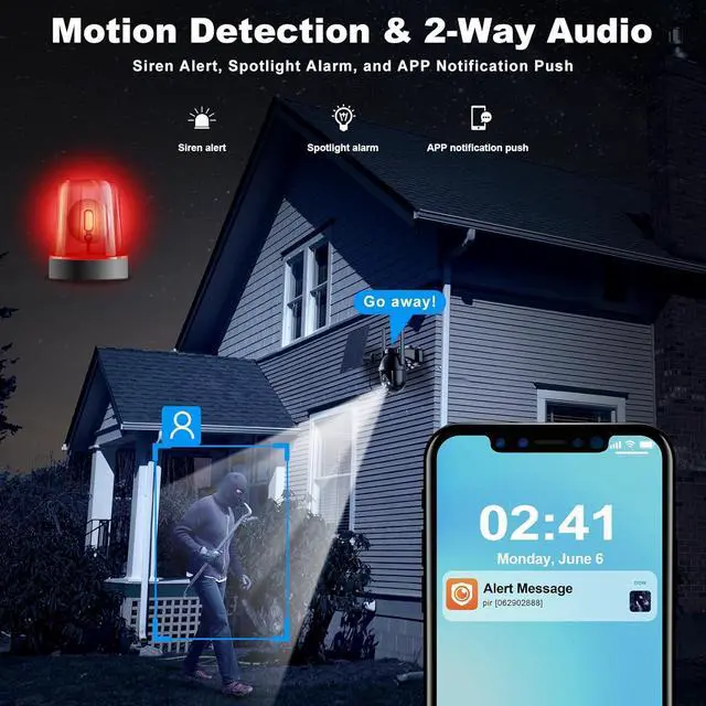 Alt view image 5 of 6 - 4G LTE Cellular Solar Security Cameras Wireless Outdoor, Solar Powered 3MP Camera 2K Security Camera for No WiFi, PIR Motion Detection,Siren,Color Night Vision, SD/Cloud Storage (SIM Card Included)