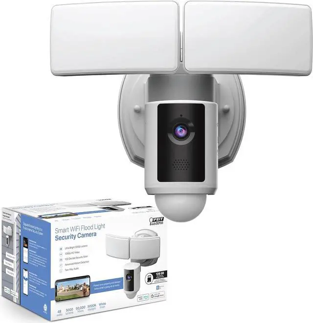 Alt view image 2 of 7 - Electric SEC3000/CAM/WIFI Outdoor LED Smart Security Camera with Motion Sensor, 2-Way Audio, 39-Watt Floodlight, Works with Alexa and Google Asst, Alarm, Hardwired, 128 GB Micro SD Card Storage