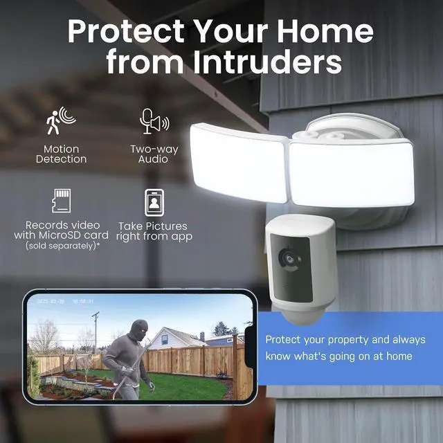 Alt view image 6 of 7 - Electric SEC3000/CAM/WIFI Outdoor LED Smart Security Camera with Motion Sensor, 2-Way Audio, 39-Watt Floodlight, Works with Alexa and Google Asst, Alarm, Hardwired, 128 GB Micro SD Card Storage